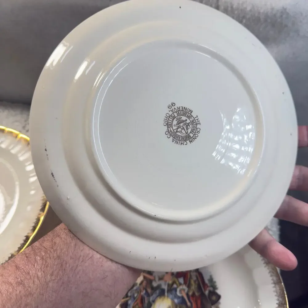 Vintage Cronin China Minerva Oh 9” Luncheon Plate Colonial Gold Rim USA Set of 7